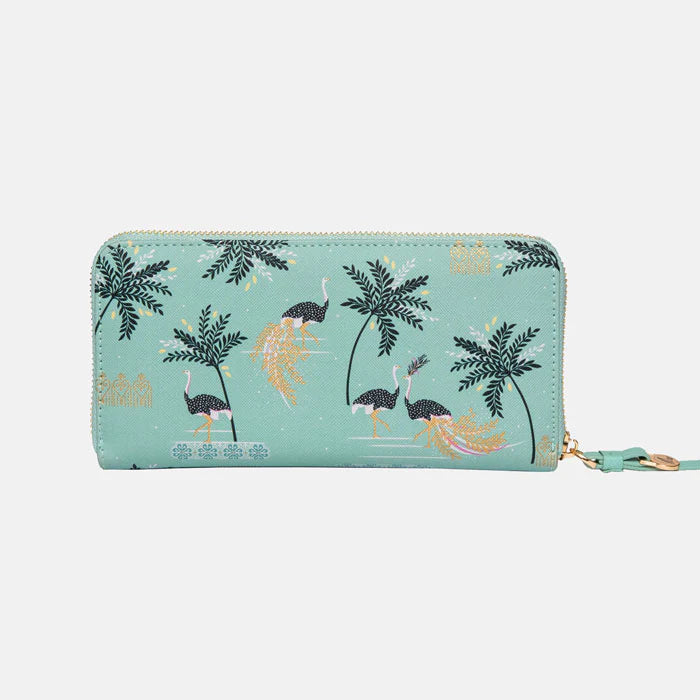 Mint Ostrich & Palms Large Zip Purse