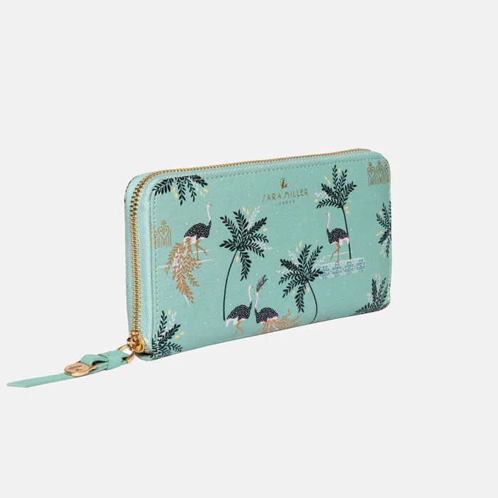 Mint Ostrich & Palms Large Zip Purse