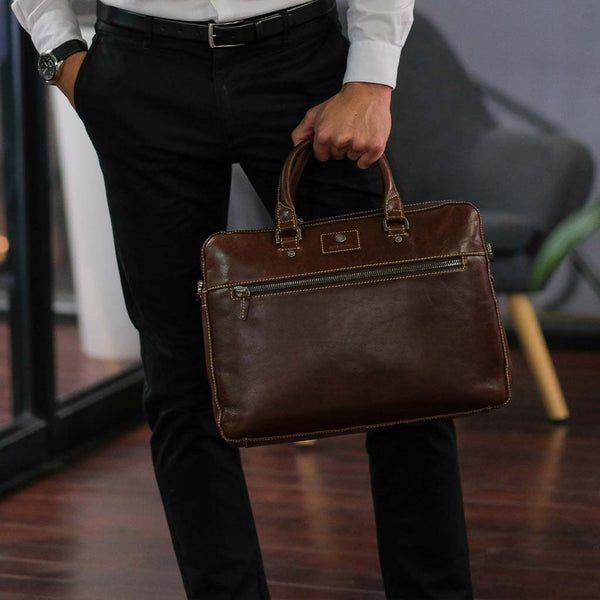 SLIM ZIP TOP BRIEFCASE, TOBACCO